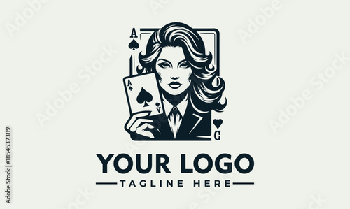 Vector illustration of a woman holding poker cards with a logo and tagline on a plain background, conveying a business and gaming theme.