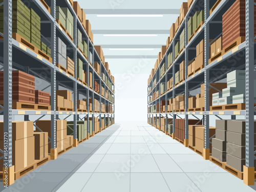 A warehouse aisle filled with shelves containing cardboard boxes and packages from an overhead perspective
