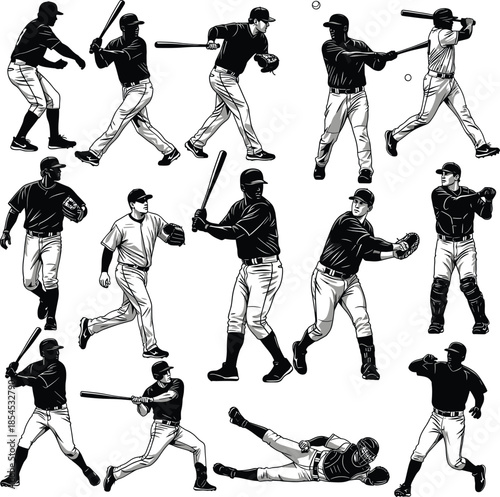 Baseball Player Silhouette Illustration – Black and White Vintage Sports Action Figures Batting Pitching and Catching