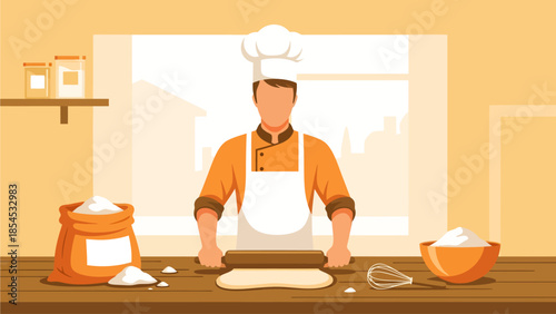A dedicated baker in a tall white hat rolls fresh dough on a wooden table, flanked by a spilling sack of flour and a wire whisk, creating a scene of culinary craft in a warm, sunlit kitchen