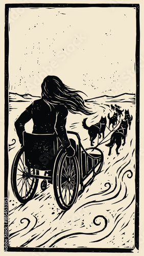 Black and White Woodcut Wheelchair User on a Dog Sled Adventure