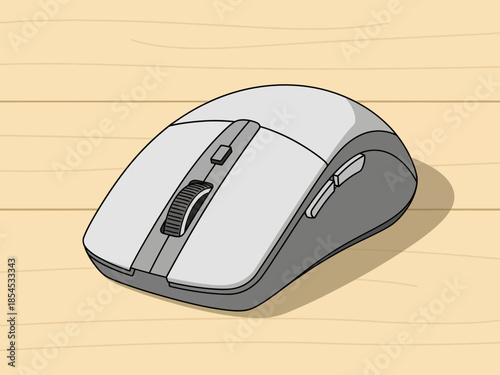 A computer mouse sits on a wooden desk, illustrated in a simple style