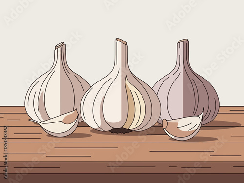 Three garlic bulbs on a wooden table viewed from the front