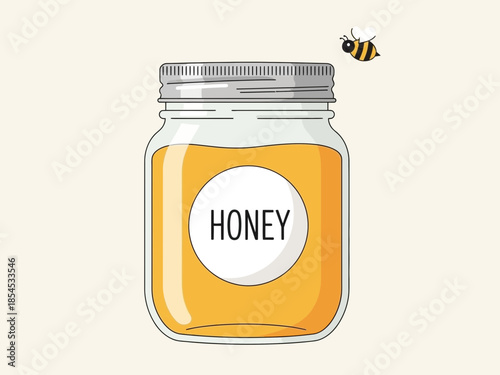 A bee flying near a jar of honey on a plain background