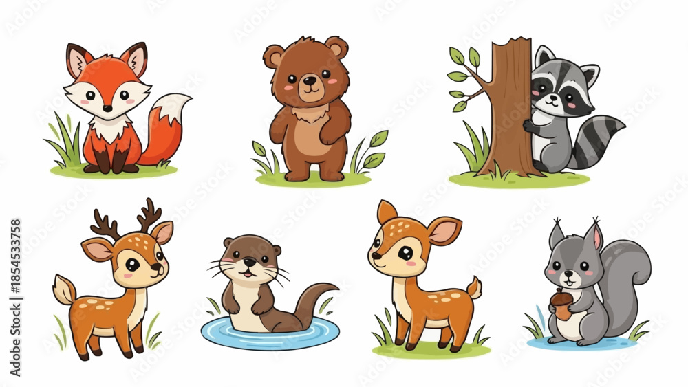 Fototapeta premium Cartoon Forest Animals Standing Alone.