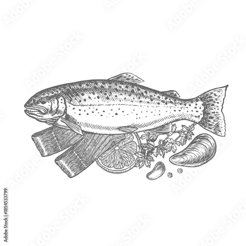 Trout with lemon and herbs. A hand-drawn vector graphic illustration. Black and white image of seafood. Separate from the background. Perfect for menus, recipe books, packages, labels, invitations.