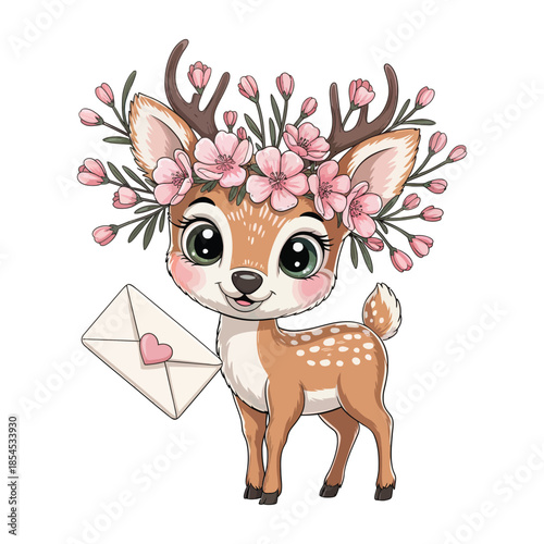 A cute cartoon illustration of a baby deer with large green eyes and rosy cheeks, standing against a white background. A decorative crown made of pink cherry blossom green leaves adorns her head.
