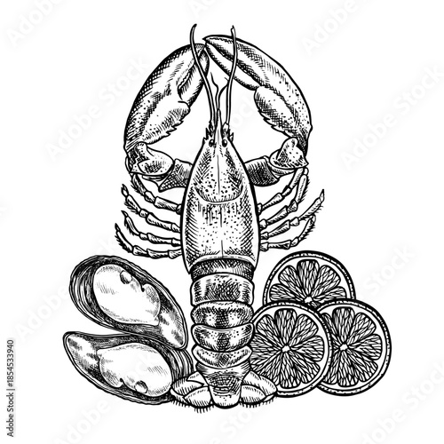 Lobster with mussels and lemon. Hand-drawn vector illustration. Black and white image of seafood on a white background. Perfect for menus, recipe books, packaging, labels, and more.