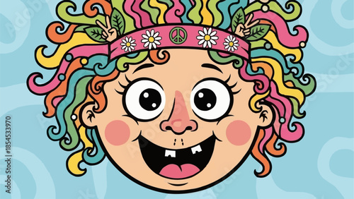 Cartoon Girl with Colorful Curly Hair.