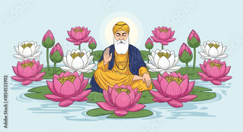 Guru Nanak Dev Ji meditating amidst a serene pond filled with vibrant pink and white lotus flowers, depicted in a spiritual and illustrative style.