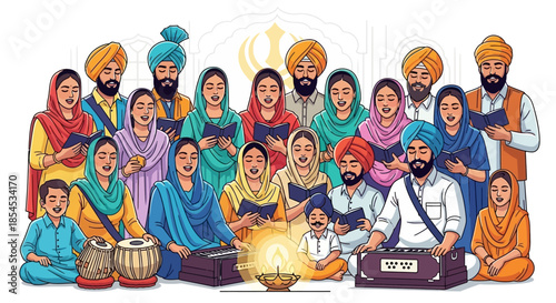 A vibrant illustration of a large Sikh community gathering, with men, women, and children singing and playing traditional instruments around a glowing lamp.