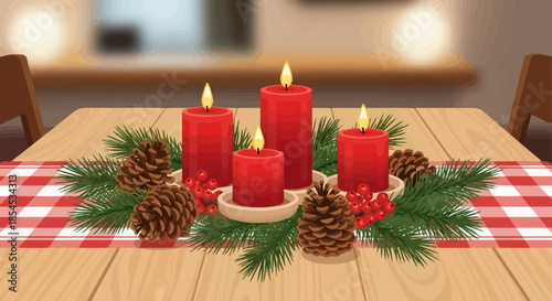 A festive Christmas centerpiece featuring four lit red candles, pine branches, pinecones, and red berries on a wooden table with a checkered runner.