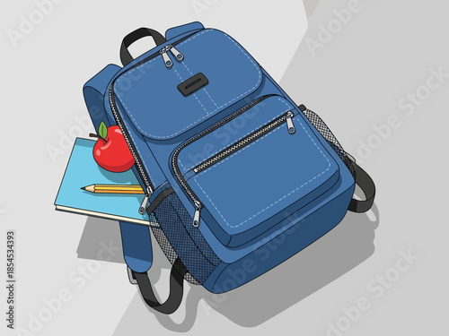 A blue backpack with school supplies on a plain background viewed from above