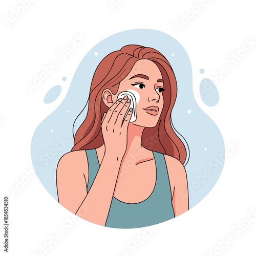 Woman cleaning her face with a cotton pad on a blue background