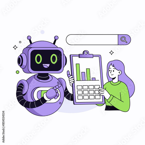 A purple robot and a woman with purple hair looking at a bar graph on a clipboard