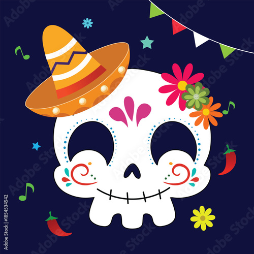 Cute Sugar Skull Wearing Mexican Sombrero Hat Illustration