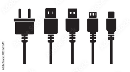 USB plug and cable symbols set for technology and electronics design