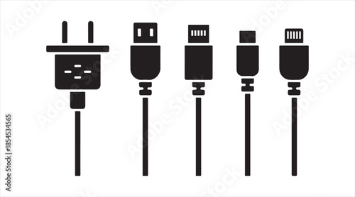 USB cable and connector icons collection for charging and digital connectivity
