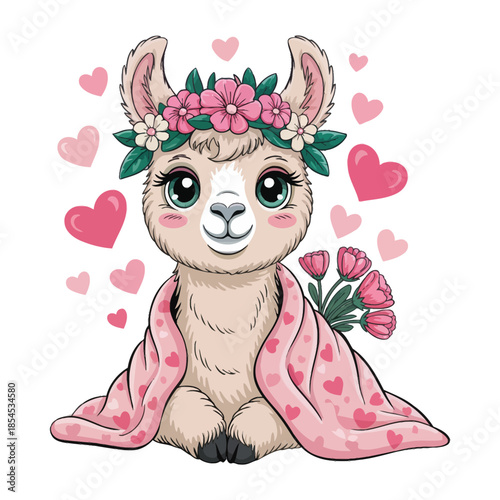 A cute cartoon illustration of a baby llama wearing a pink floral crown with pink and white flowers and green leaves.