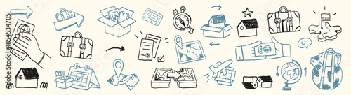 Relocation and migration doodle icons set showing moving abroad, travel journey, documents, luggage, maps and new life transition.
