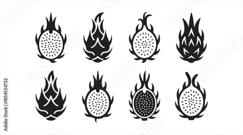Exotic dragon fruit flame symbols set for food and creative design