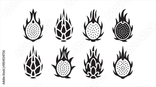 Pitaya fruit with fire silhouette icon set isolated on white