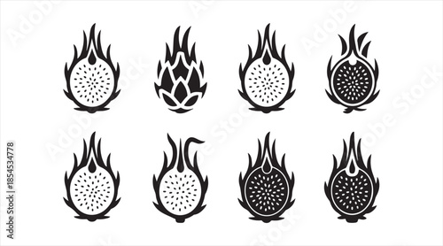 Dragon fruit and flame icons collection for tropical food and fantasy concepts