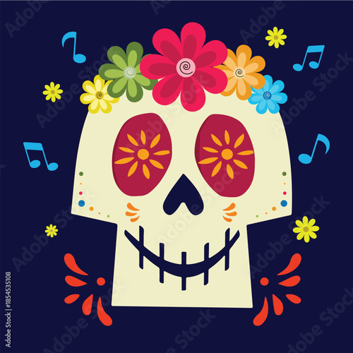 Colorful Sugar Skull with Flowers and Music Notes on Dark Background