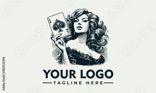 Black and white vector illustration of a woman holding poker cards with a logo and tagline on a clean background.