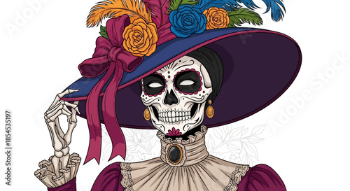 Elegant illustration of La Calavera Catrina with a sugar skull face, wearing a large feathered hat and a vintage dress, representing Day of the Dead.