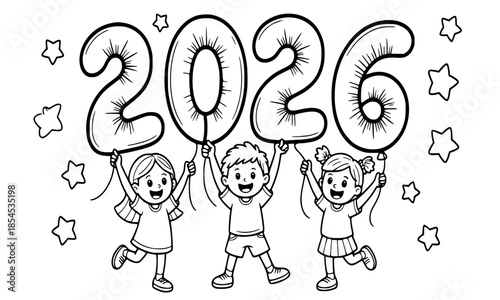 Happy children holding 2026 number balloons for New Year celebration, cute kids group celebrating with stars, black and white line art for coloring page, 2026 New Year Eve party illustration for kids