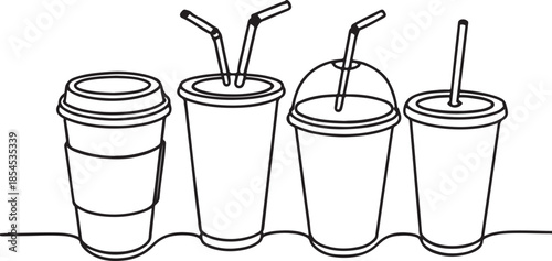 Continuous line drawing of various disposable cups for beverages, including coffee, soda, and juice, with straws and lids