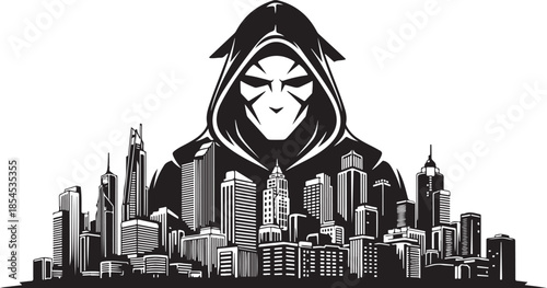 Hooded figure with face markings overlooks a detailed cityscape in a stark black and white design