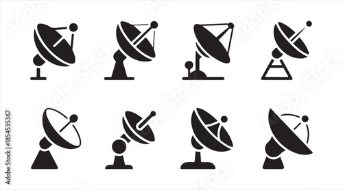 Radio telescope and satellite receiver silhouette icons set isolated on white