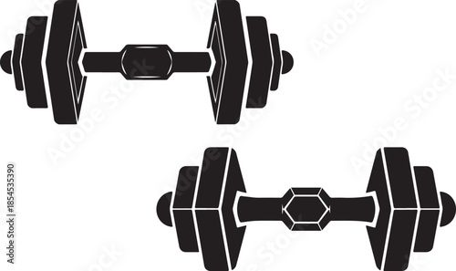 Black and white illustration depicting two sets of dumbbells fitness equipment for strength training