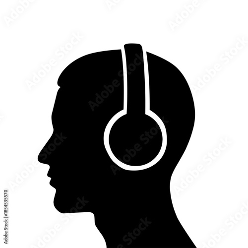 Black silhouette of human head wearing headphones, isolated on white background. Music listening, audio, podcast, sound, and entertainment concept icon illustration