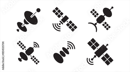 Orbiting satellite and signal transmission icon collection for telecom concepts