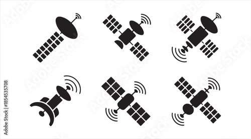 Communication satellite icons set with wireless signal and space technology symbols