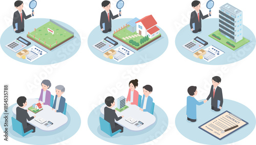 不動産売買の過程を描いたイラストセット