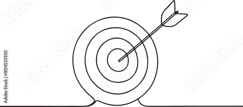 Target with arrow continuous line drawing. Hand drawn linear goal circle. Vector illustration isolated on white