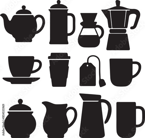 Silhouette tea coffee kitchenware outline collection vector Illustrator