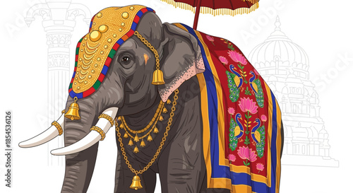 A majestic Indian elephant adorned in vibrant traditional ceremonial attire with golden headpiece, colorful blanket, and bells, set against a subtle architectural background.