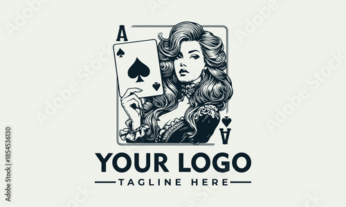 A vector illustration of an elegant woman holding poker cards with a logo and tagline on a clean white background.