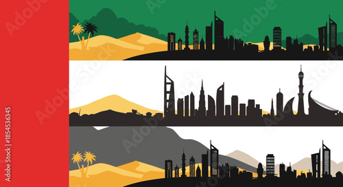 Stylized illustration of the United Arab Emirates flag with three horizontal panels depicting desert landscapes and modern city skylines in silhouette.