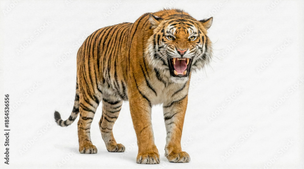 Obraz premium Fierce tiger with open mouth and bared teeth, showing aggression on a white background