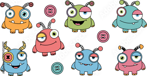 A collection of colorful, cute, and whimsical cartoon monsters with various expressions and button details, set against a white background.