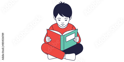 Minimal flat vector illustration of a child reading a book, education and learning concept