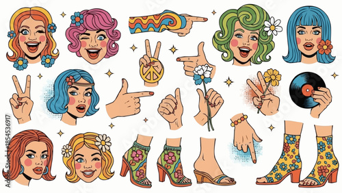 Cartoon Women Faces and Accessories Illustration.