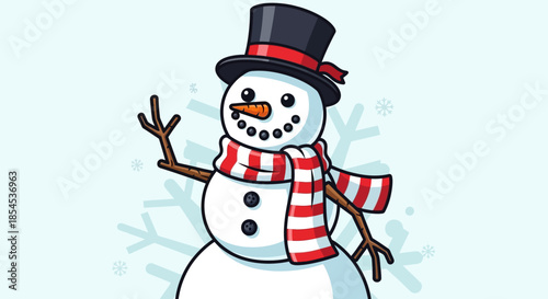 Cute cartoon snowman wearing a top hat and striped scarf, waving cheerfully against a light blue snowy background.