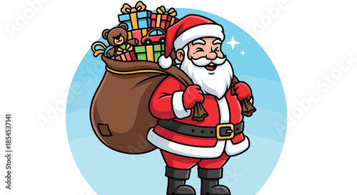 Cartoon Santa Claus smiling and carrying a large sack filled with colorful Christmas presents, ready for delivery.